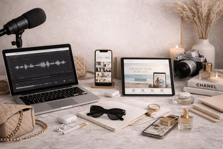 A content studio set up with microphone, camera, and laptop